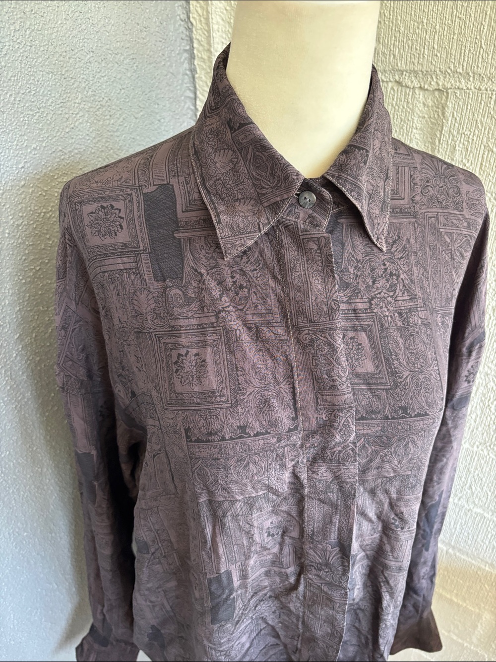 Annie Alexander Silk Vintage Ornate Mauve Long-Sleeve Button Blouse sz M - Picture 2 of 6
